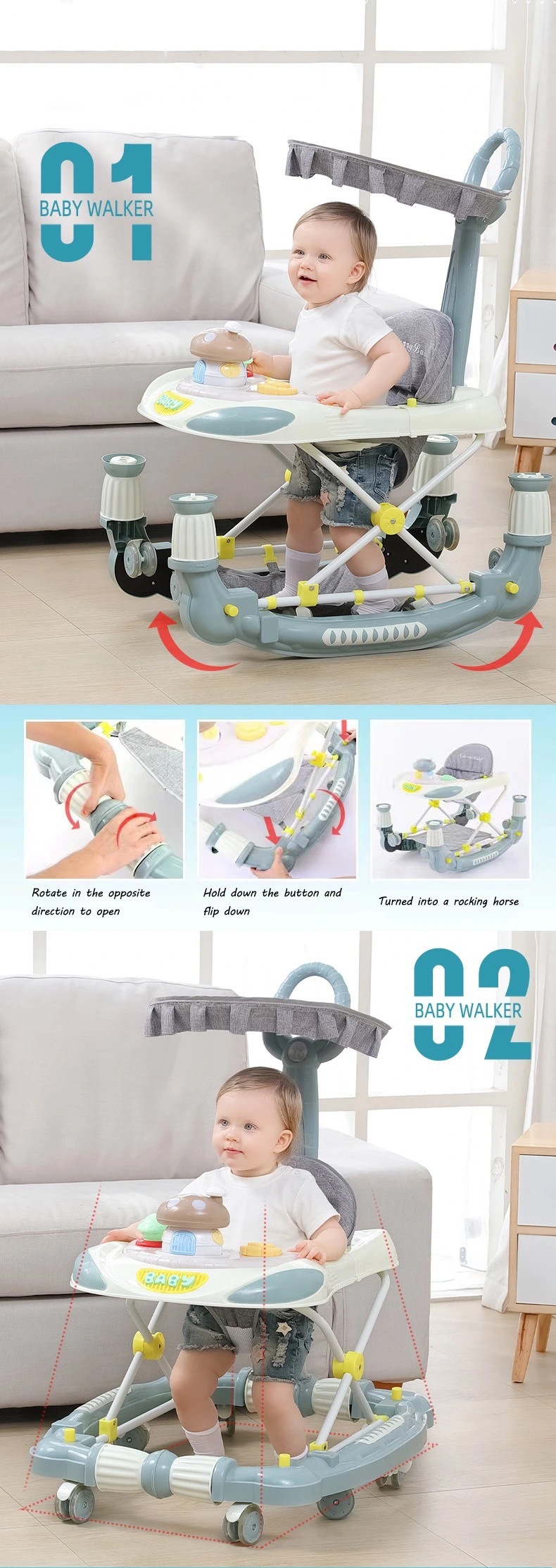 Hot Sale Unique Rotating Baby Walker with Push Bar Canopy/Rocking Horse Portable Foldable Musical Baby Walker with Toy Tray